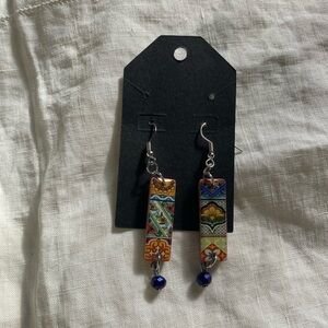 Colorful Patterned Earrings with Blue Accents